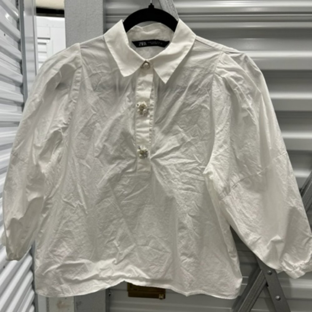Zara White Puff Sleeve Blouse with Decorative Buttons